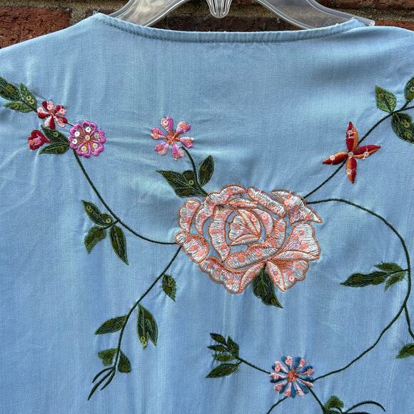 Zara Trafaluc Denimwear Floral Embroidered Kimono Light Denim Button Tie Small - Picture 12 of 16